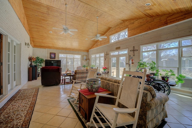 sunroom / solarium featuring wood ceiling, vaulted ceiling, and french doors