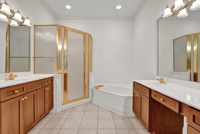 full bath with ornamental molding, tile patterned flooring, a notable chandelier, and a shower stall