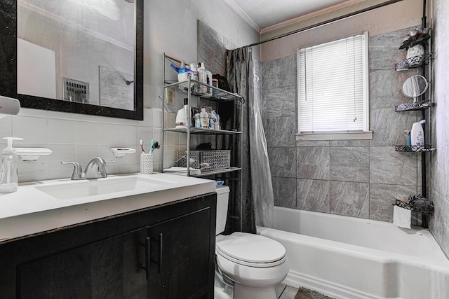 full bath featuring tile walls, shower / bathtub combination with curtain, decorative backsplash, ornamental molding, and vanity