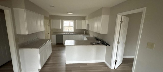 kitchen with a sink, baseboards, dark wood finished floors, and white cabinets