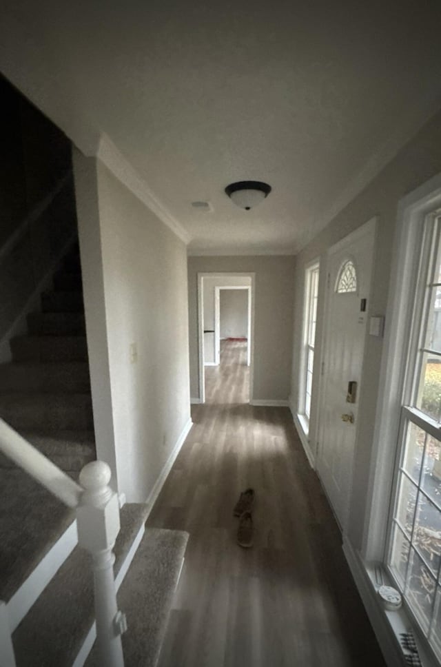 corridor featuring stairs, baseboards, dark wood finished floors, and crown molding