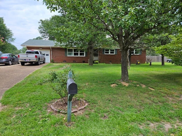 ranch-style home featuring aphalt driveway, brick siding, a front yard, crawl space, and a garage