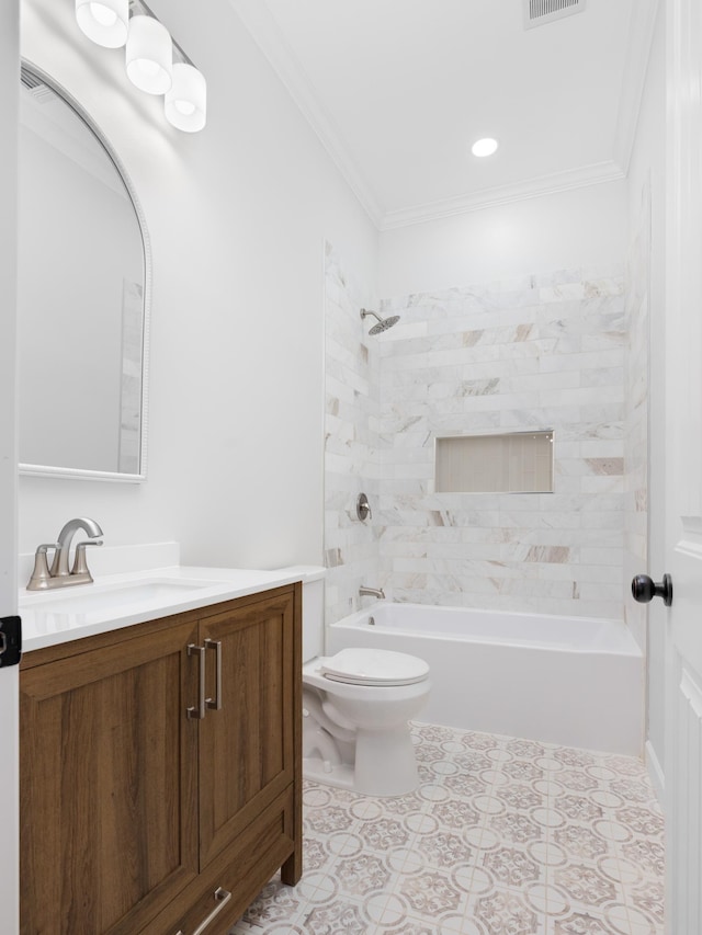 bathroom with toilet, shower / tub combination, ornamental molding, and vanity