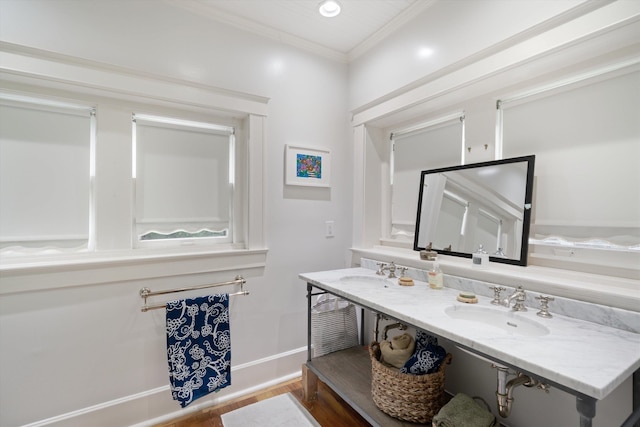 bathroom featuring wood finished floors, ornamental molding, a sink, and baseboards