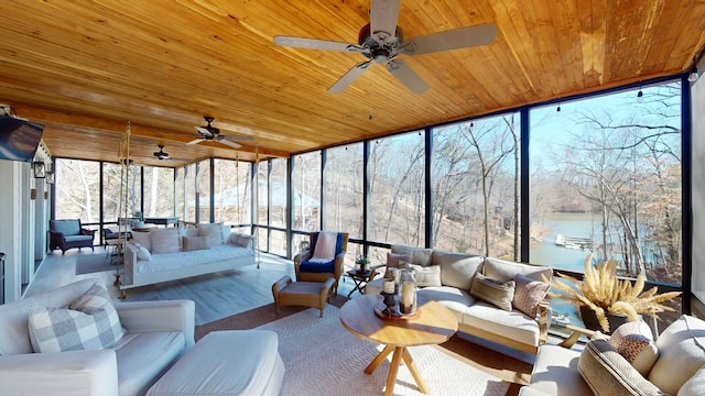 sunroom featuring a water view and wooden ceiling