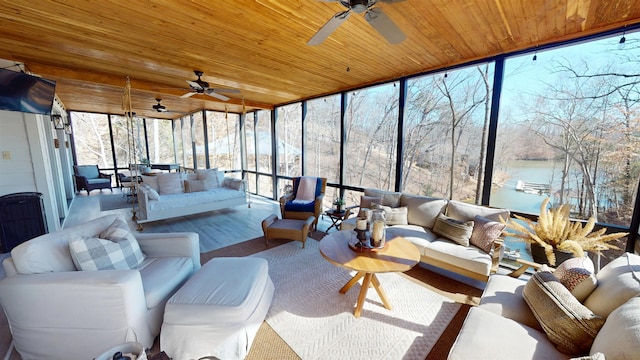 sunroom with a water view and wooden ceiling