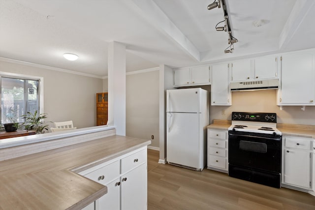 kitchen featuring electric range, light countertops, ventilation hood, light wood-type flooring, and freestanding refrigerator