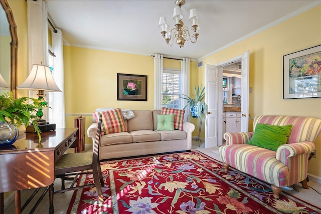 carpeted living area with baseboards, visible vents, a chandelier, and crown molding