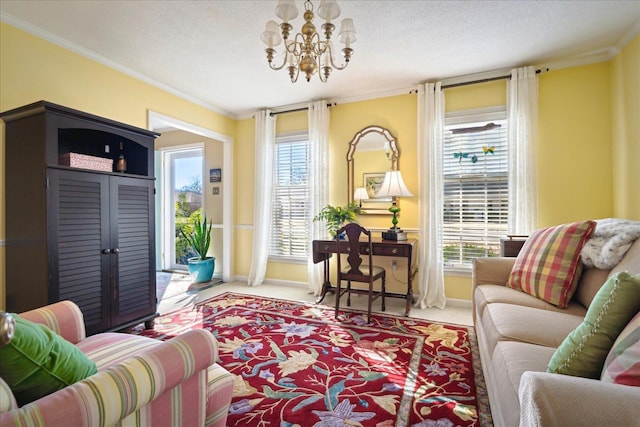 living area featuring carpet floors, a wealth of natural light, crown molding, and a textured ceiling