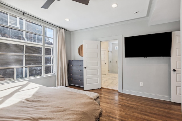 bedroom featuring ornamental molding, recessed lighting, dark wood finished floors, and baseboards