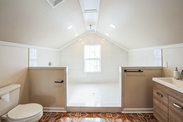 full bathroom with lofted ceiling, visible vents, toilet, and vanity