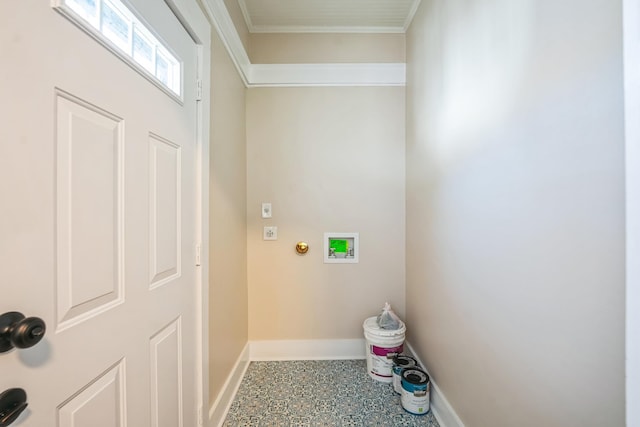 laundry area featuring hookup for a washing machine, laundry area, ornamental molding, and baseboards