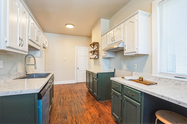 kitchen featuring light countertops, a sink, stainless steel dishwasher, and white cabinetry