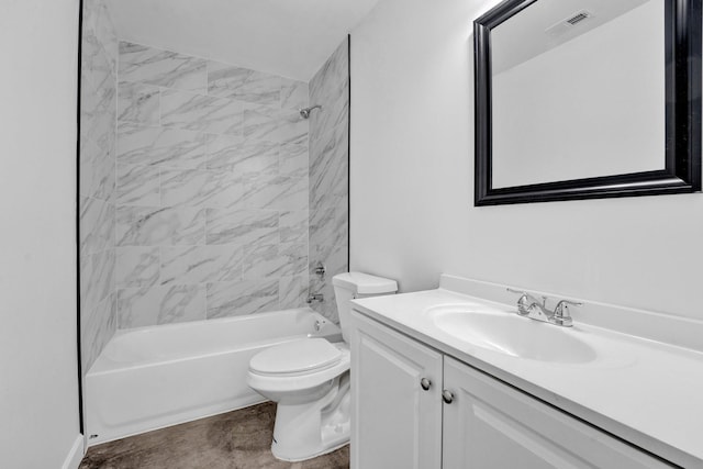 full bath featuring toilet, vanity, bathtub / shower combination, and visible vents