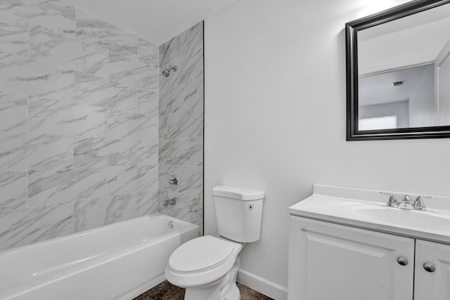 full bathroom with toilet,  shower combination, vanity, and baseboards