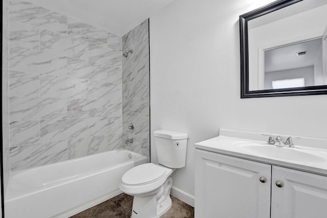 bathroom featuring shower / bathing tub combination, vanity, toilet, and baseboards