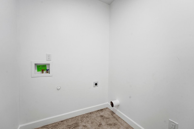 clothes washing area with light carpet, laundry area, washer hookup, baseboards, and electric dryer hookup