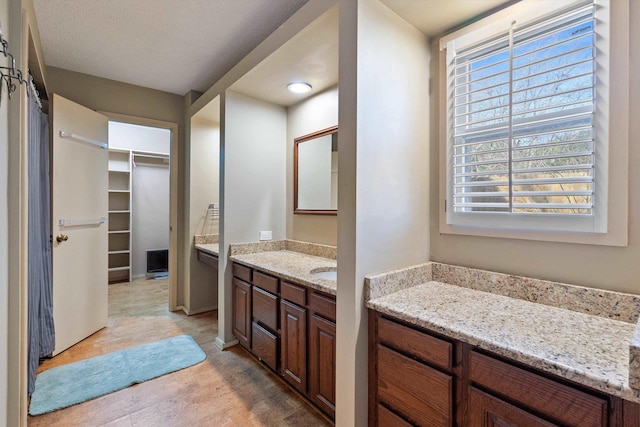 full bathroom with a walk in closet, vanity, and wood finished floors