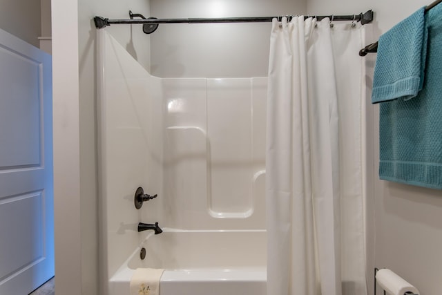 full bath with radiator and shower / tub combo with curtain