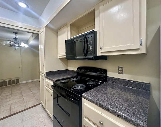 kitchen with light tile patterned floors, open shelves, visible vents, black appliances, and dark countertops