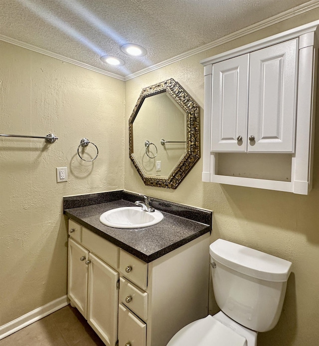 half bath featuring baseboards, a textured wall, ornamental molding, a textured ceiling, and vanity