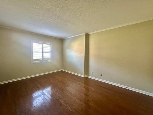 unfurnished room featuring dark wood-style floors, crown molding, a textured ceiling, and baseboards