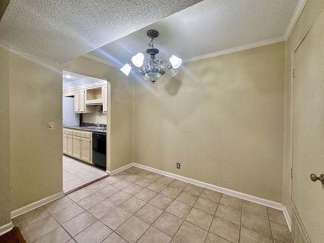 unfurnished dining area with a textured ceiling, ornamental molding, light tile patterned flooring, and an inviting chandelier