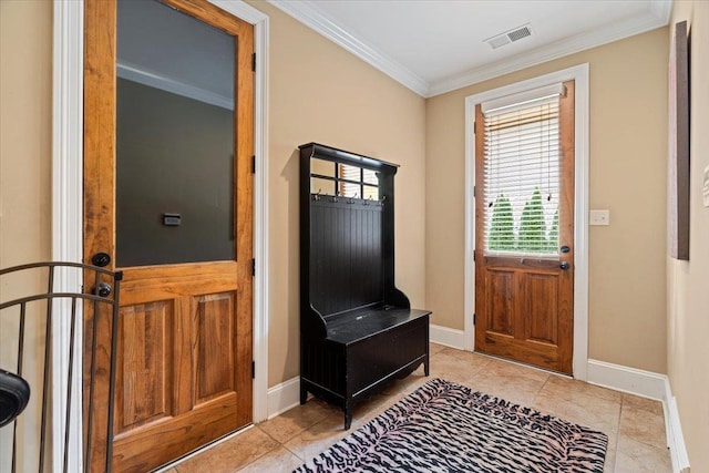 mudroom featuring ornamental molding, visible vents, and baseboards