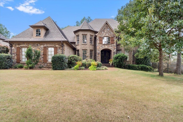 french country inspired facade with stone siding, a front lawn, and fence