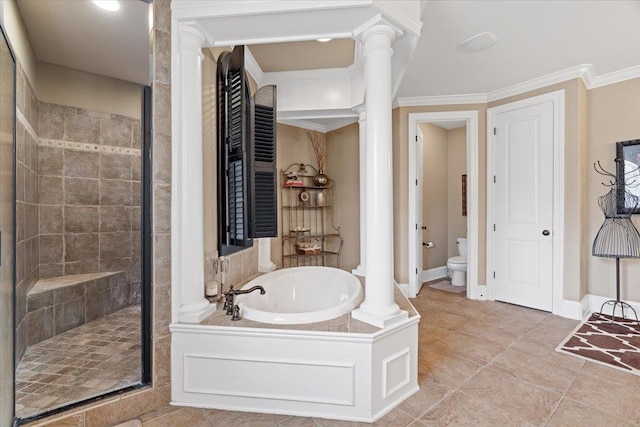 bathroom with a stall shower, decorative columns, toilet, crown molding, and a bath