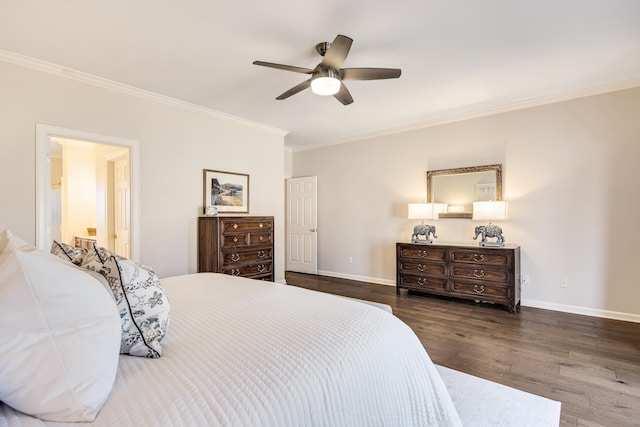 bedroom featuring crown molding, baseboards, ceiling fan, and wood finished floors