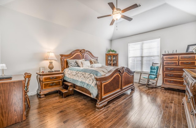 bedroom featuring vaulted ceiling, ceiling fan, dark wood finished floors, and baseboards