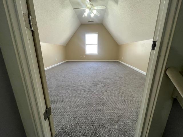 additional living space featuring carpet, vaulted ceiling, a textured ceiling, and baseboards