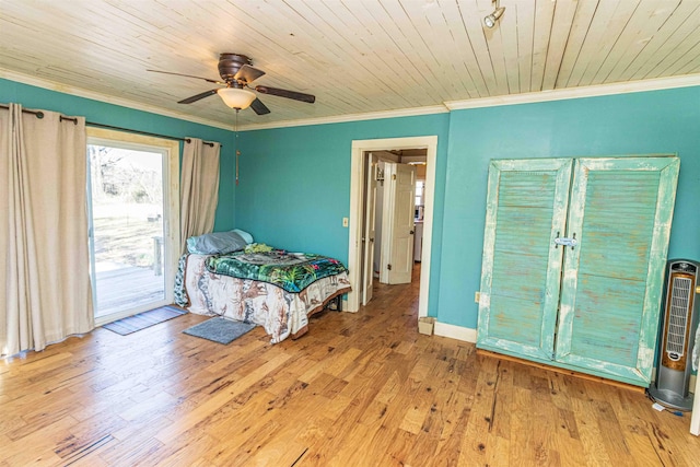 bedroom featuring crown molding, light wood finished floors, access to outside, wooden ceiling, and baseboards