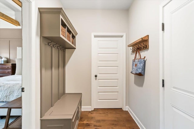 mudroom featuring dark wood-type flooring and baseboards