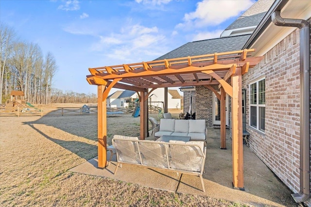 view of patio / terrace featuring a playground, fence, an outdoor hangout area, and a pergola