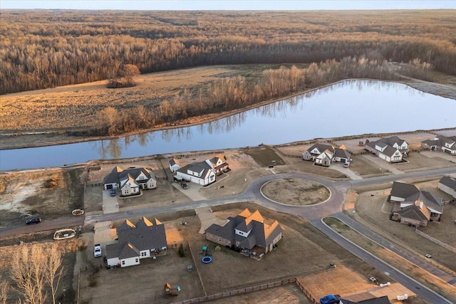 drone / aerial view with a residential view and a water view