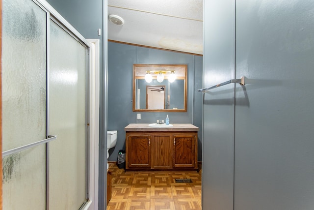 bathroom featuring lofted ceiling, a shower with door, toilet, a textured ceiling, and vanity