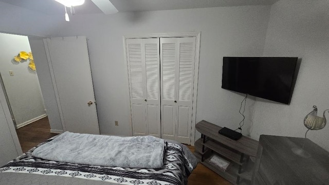 bedroom featuring a closet, ceiling fan, and wood finished floors