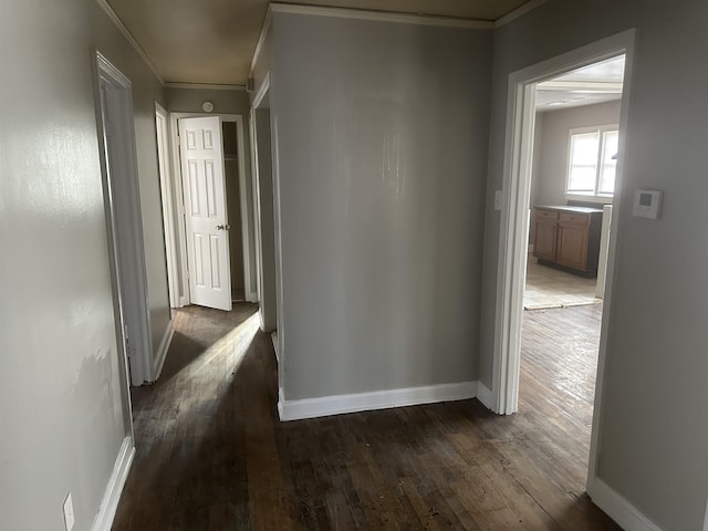 hallway featuring ornamental molding, baseboards, and wood finished floors