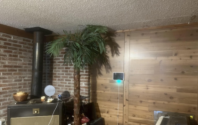 interior space featuring a wood stove and wooden walls