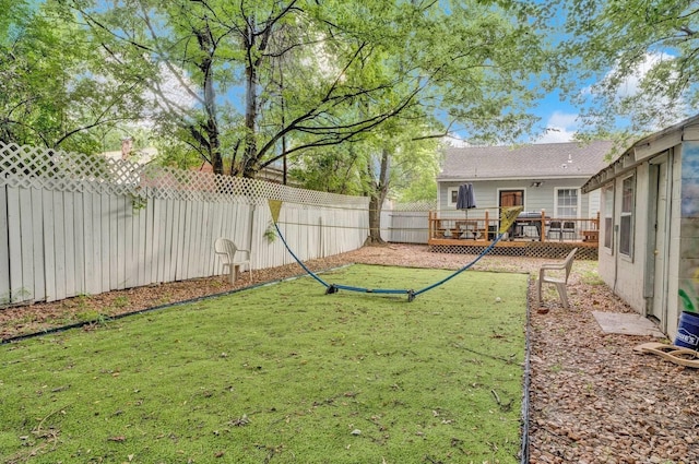 view of yard featuring a deck and a fenced backyard