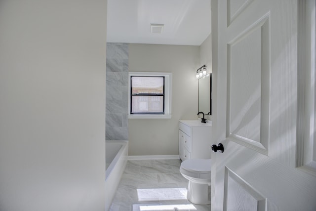 full bathroom with marble finish floor, visible vents, toilet, vanity, and baseboards