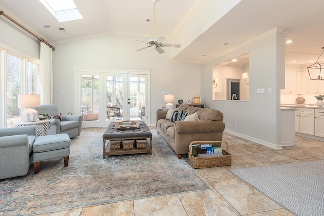 living area featuring high vaulted ceiling, baseboards, visible vents, and recessed lighting