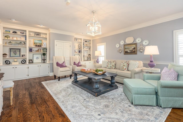 living area featuring plenty of natural light, crown molding, a chandelier, and dark wood-type flooring