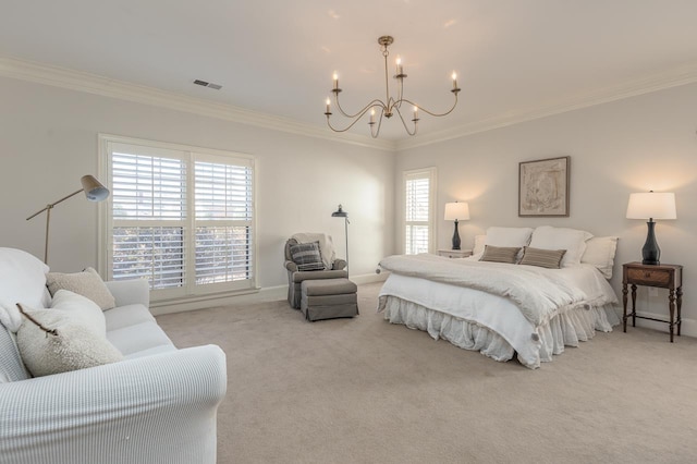 carpeted bedroom featuring ornamental molding, visible vents, multiple windows, and an inviting chandelier