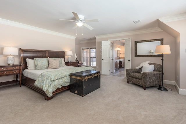 bedroom featuring carpet floors, crown molding, visible vents, ceiling fan, and baseboards