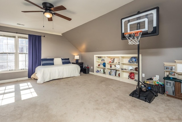 bedroom with carpet, visible vents, vaulted ceiling, and baseboards