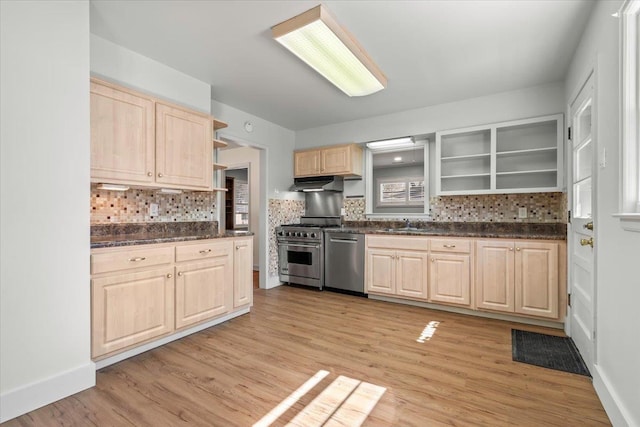 kitchen featuring appliances with stainless steel finishes, light brown cabinets, under cabinet range hood, and open shelves