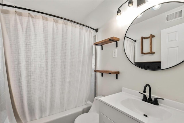 full bath featuring shower / bath combo, visible vents, vanity, and toilet